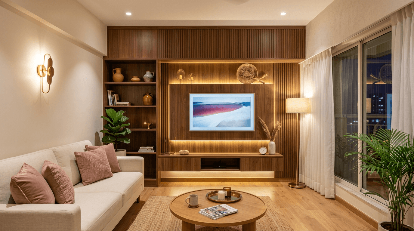 The finished living room with a warm walnut TV unit wall