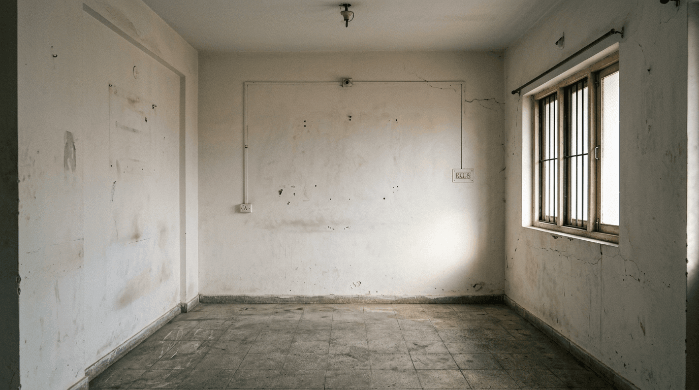The same living room before the renovation, empty and bare