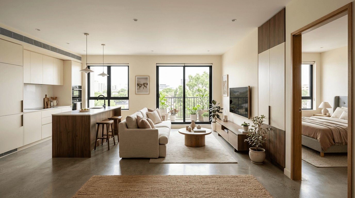 One open Aakar Modular home showing the kitchen, living area, TV unit, wardrobe wall and a bedroom beyond