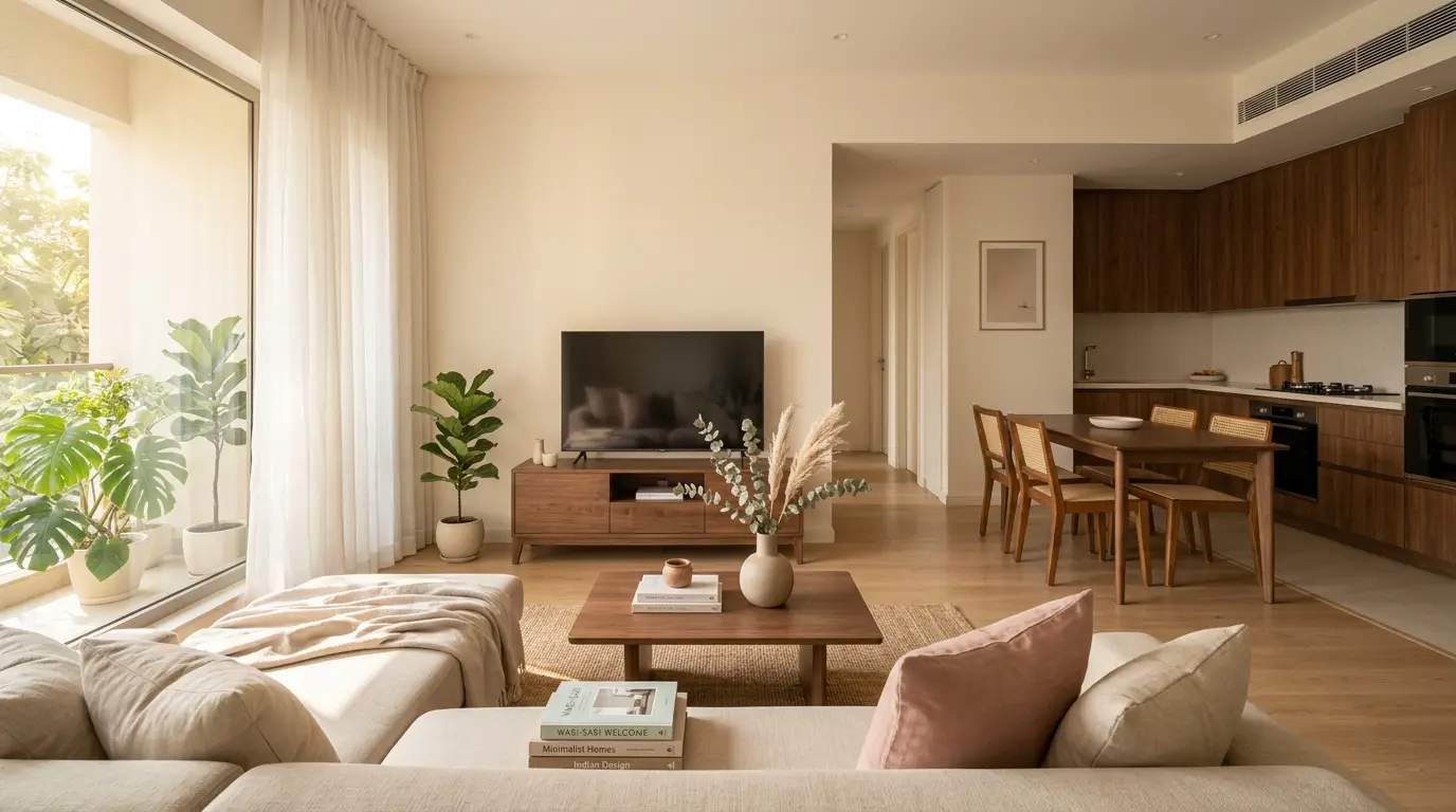 A warm, light-filled Aakar Modular interior with timber cabinetry and a connected living space