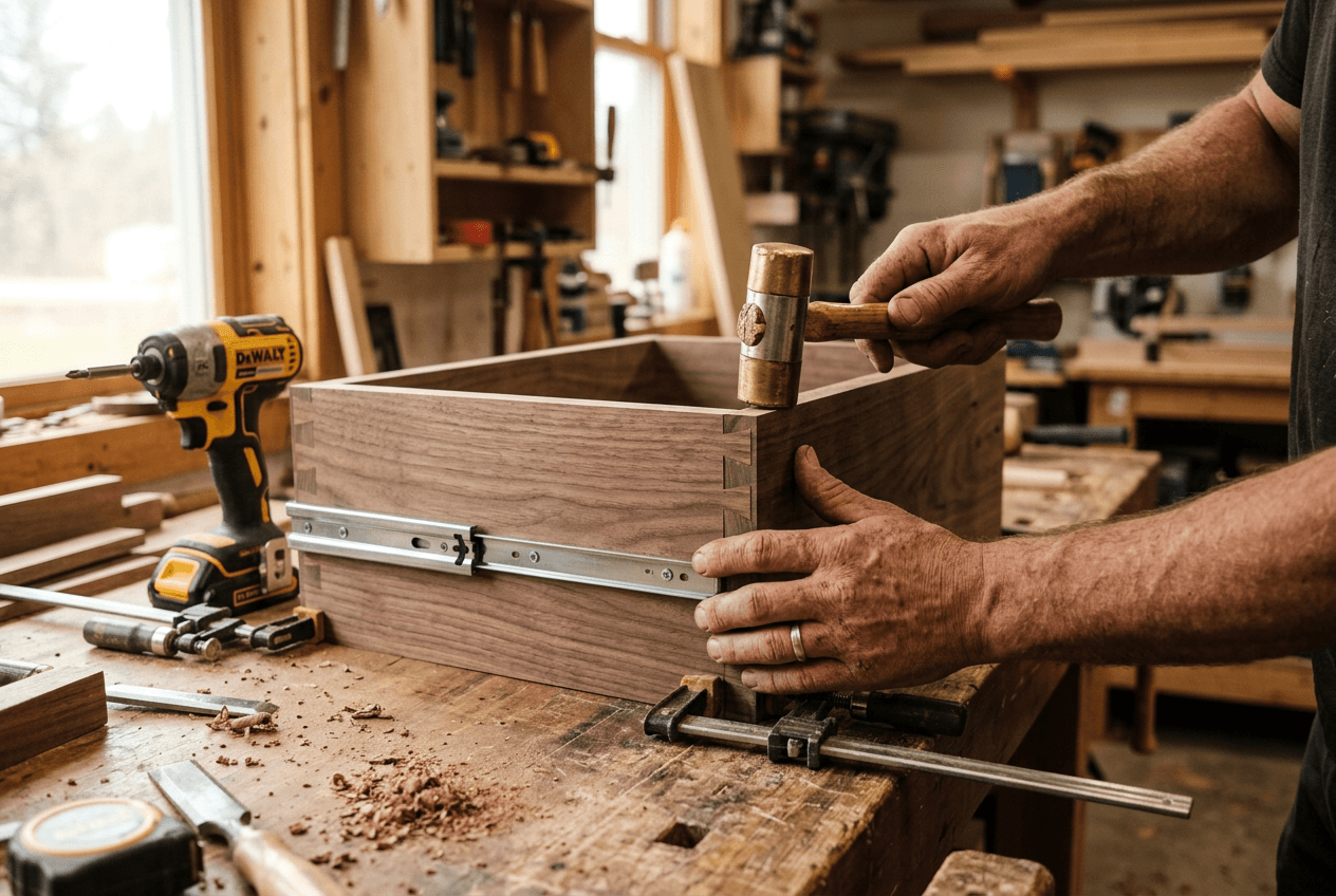 A craftsman's hands assembling a walnut drawer in the workshop