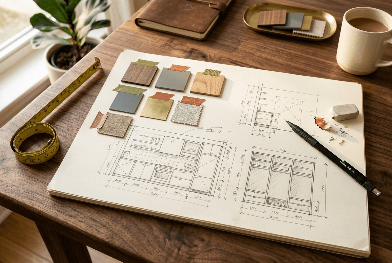 Hand-drawn kitchen and wardrobe elevation sketches on a designer's desk